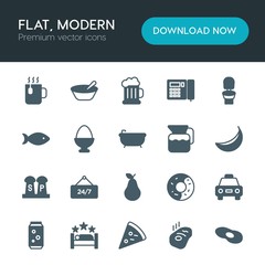 Modern Simple Set of food, hotel, drinks Vector fill Icons. ..Contains such Icons as  car,  city,  can,  symbol, stationery,  slice,  mug and more on white background. Fully Editable. Pixel Perfect