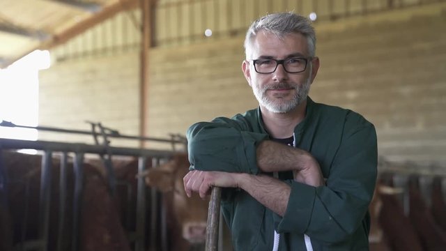 Smiling farmer standing in cow shed 