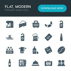 Modern Simple Set of food, hotel, drinks Vector fill Icons. ..Contains such Icons as  salad,  water, fridge,  bean, beverage,  flat,  pepper and more on white background. Fully Editable. Pixel Perfect