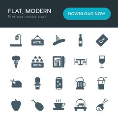 Modern Simple Set of food, hotel, drinks Vector fill Icons. ..Contains such Icons as  sanitary,  bath,  fried,  meal,  transport,  alcohol and more on white background. Fully Editable. Pixel Perfect