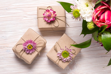 Holyday concept, gift boxes on wooden table