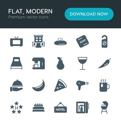 Modern Simple Set of food, hotel, drinks Vector fill Icons. ..Contains such Icons as  design, cake,  service,  food, fridge,  meat,  grill and more on white background. Fully Editable. Pixel Perfect