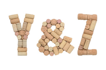 Alphabet letter Y, &, Z made of  wine corks isolated on white background. ABC set and Ampersand