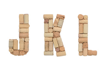 Alphabet letter J, K, L  made of  wine corks isolated on white background. ABC set