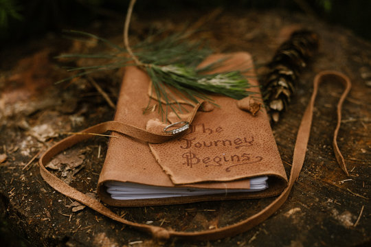 leather journal outside on a log
