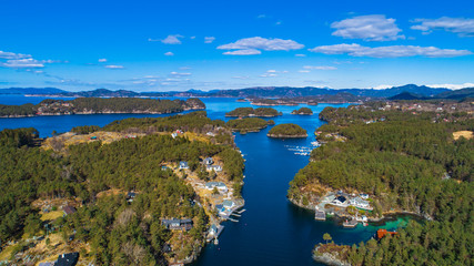 Aerial fjord view near Os village. Bergen, Norway.