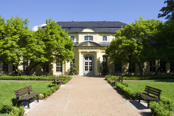 Altenburg / Germany: Frontal view to the main entrance of the baroque orangery in the public castle garden