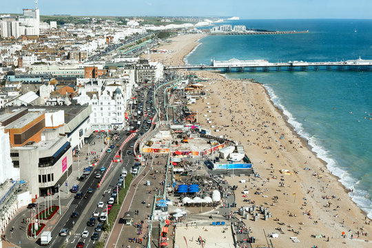 Aerial view of sunny summer Brighton, coastline, Seven Sisters on the horizon