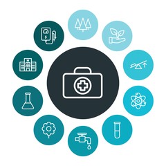 health, science, nature Infographic Colorful outline Icons Set. Contains such Icons as  research,  voltmeter,  voltage,  nature, blossom,  environment,  pine and more. ..Fully Editable. Pixel Perfect