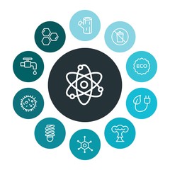 health, science, nature Infographic Colorful outline Icons Set. Contains such Icons as  molecule,  symbol, science,  chemical,  bulb,  sign,  crane, wood, eco and more. ..Fully Editable. Pixel Perfect