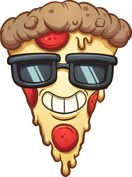 Cool cartoon pizza wearing sunglasses. Vector clip art illustration with simple gradients. Some elements on separate layers.