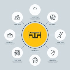 Circle network chart transports, hotel, location infographic template with 8 options for presentations, advertising, annual reports.