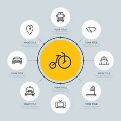 Circle network chart transports, hotel, location infographic template with 8 options for presentations, advertising, annual reports.