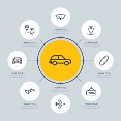 Circle network chart transports, hotel, location infographic template with 8 options for presentations, advertising, annual reports.