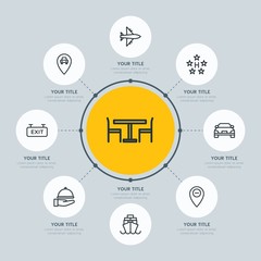 Circle network chart transports, hotel, location infographic template with 8 options for presentations, advertising, annual reports.