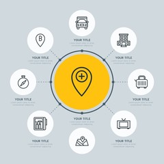 Circle network chart transports, hotel, location infographic template with 8 options for presentations, advertising, annual reports.