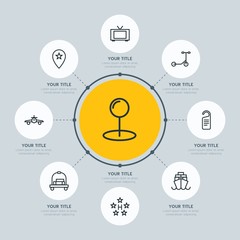 Circle network chart transports, hotel, location infographic template with 8 options for presentations, advertising, annual reports.