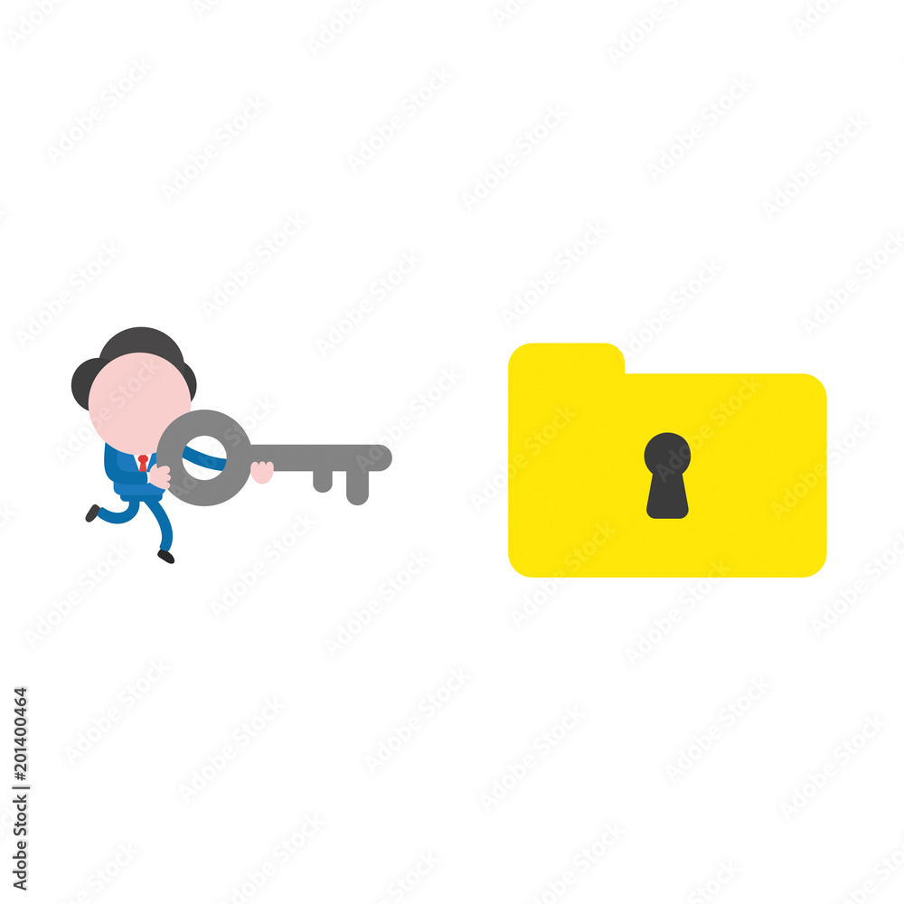Poster vector illustration businessman running and holding key to unlock closed file folder