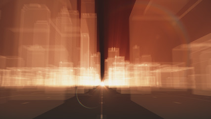 3d illustration flight in a futuristic technological city with transparent neon buildings