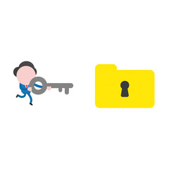 Vector illustration businessman running and holding key to unlock closed file folder