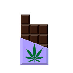 Chocolate Bar with marijuana leaf. Narcotic sweets. Isolated vector illustration on white background.