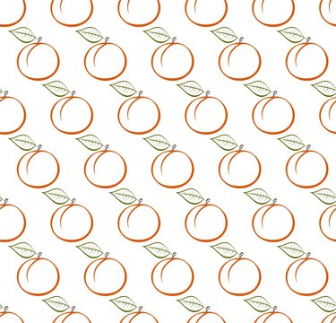 Background with contour of ripe orange peach with green stem with brown end and green leaf in row next to each other and alternately under him on white background. Ripe autumn natural home made fruit