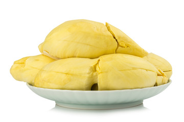 durian. king fruit. peeled. on dish. isolated on white background