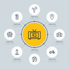 Circle network chart transports, hotel, location infographic template with 8 options for presentations, advertising, annual reports.