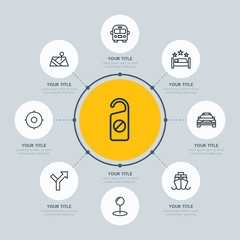 Circle network chart transports, hotel, location infographic template with 8 options for presentations, advertising, annual reports.