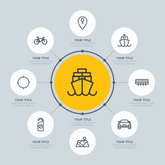 Circle network chart transports, hotel, location infographic template with 8 options for presentations, advertising, annual reports.