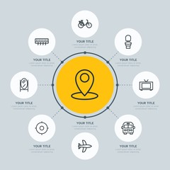 Circle network chart transports, hotel, location infographic template with 8 options for presentations, advertising, annual reports.