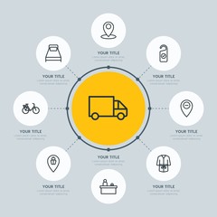 Circle network chart transports, hotel, location infographic template with 8 options for presentations, advertising, annual reports.