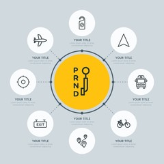 Circle network chart transports, hotel, location infographic template with 8 options for presentations, advertising, annual reports.