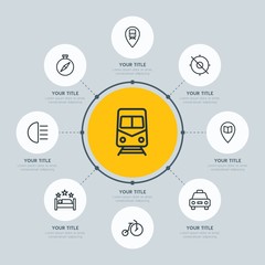 Circle network chart transports, hotel, location infographic template with 8 options for presentations, advertising, annual reports.