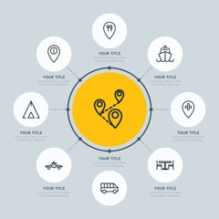 Circle network chart transports, hotel, location infographic template with 8 options for presentations, advertising, annual reports.