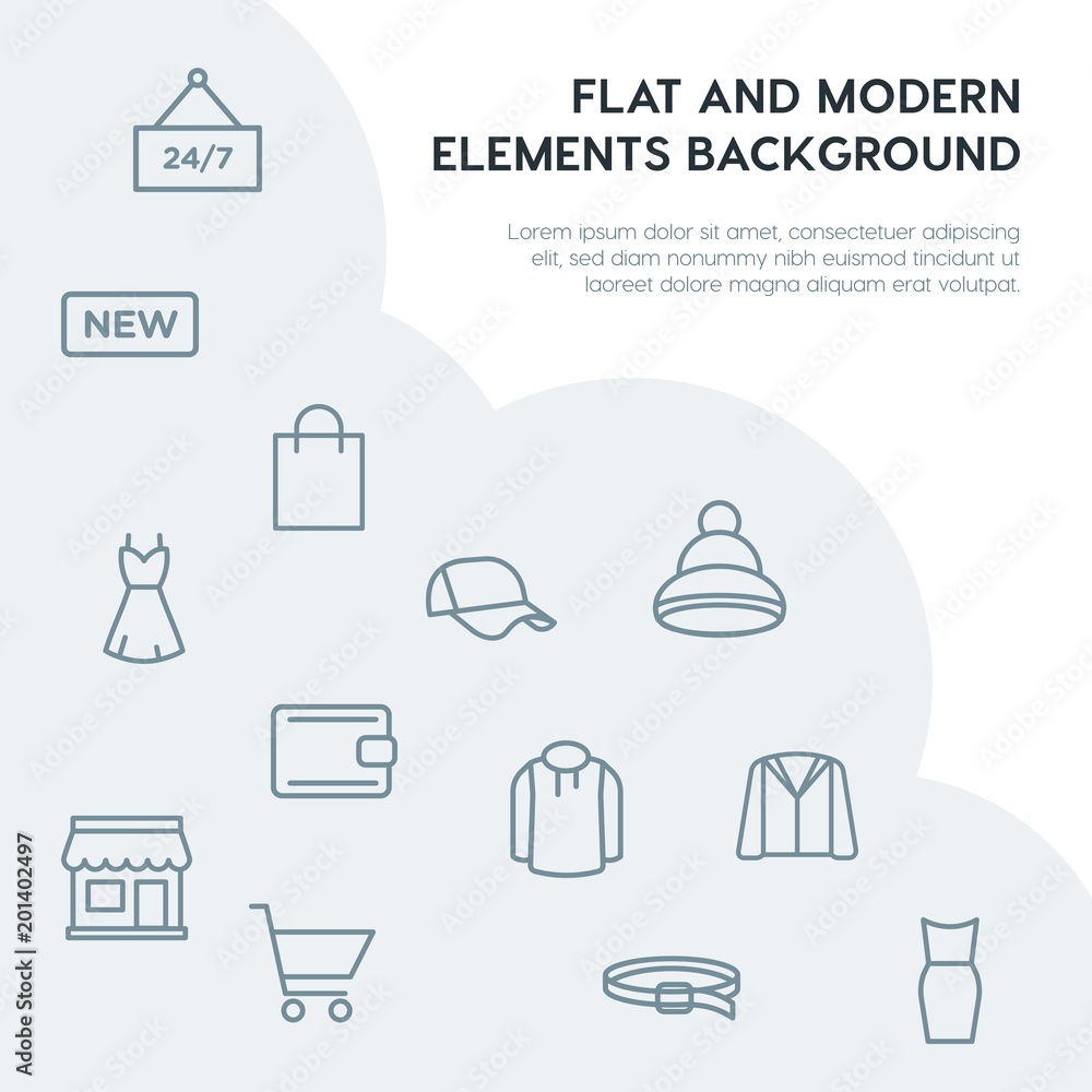 Poster clothes, shopping outline vector icons and elements background concept on grey background...Multipurpose use on websites, presentations, brochures and more