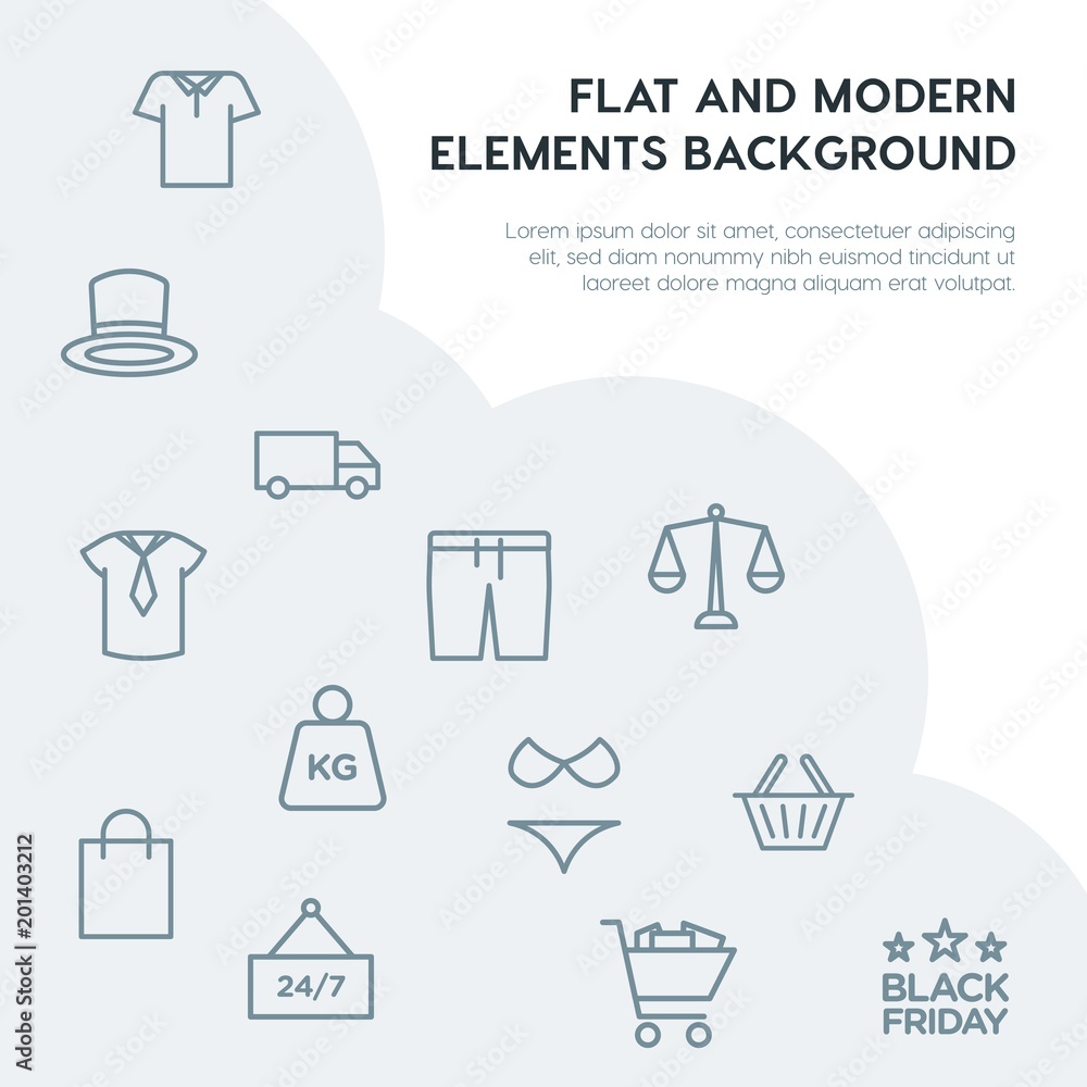 Poster clothes, shopping outline vector icons and elements background concept on grey background...multipur