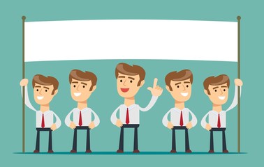 business man showing blank signboard, isolated on background. Stock flat vector illustration.