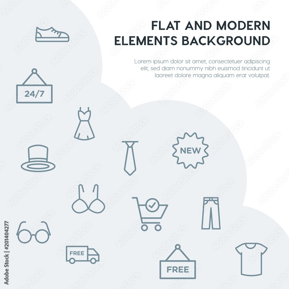 Poster clothes, shopping outline vector icons and elements background concept on grey background...multipur