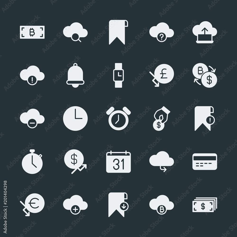 Poster modern simple set of money, cloud and networking, time, bookmarks vector fill icons. ..contains such
