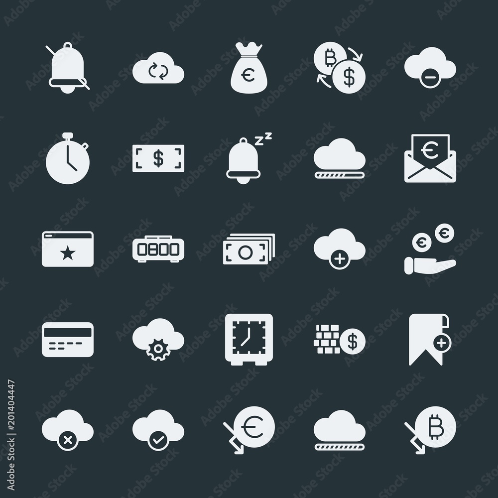 Poster modern simple set of money, cloud and networking, time, bookmarks vector fill icons. ..contains such