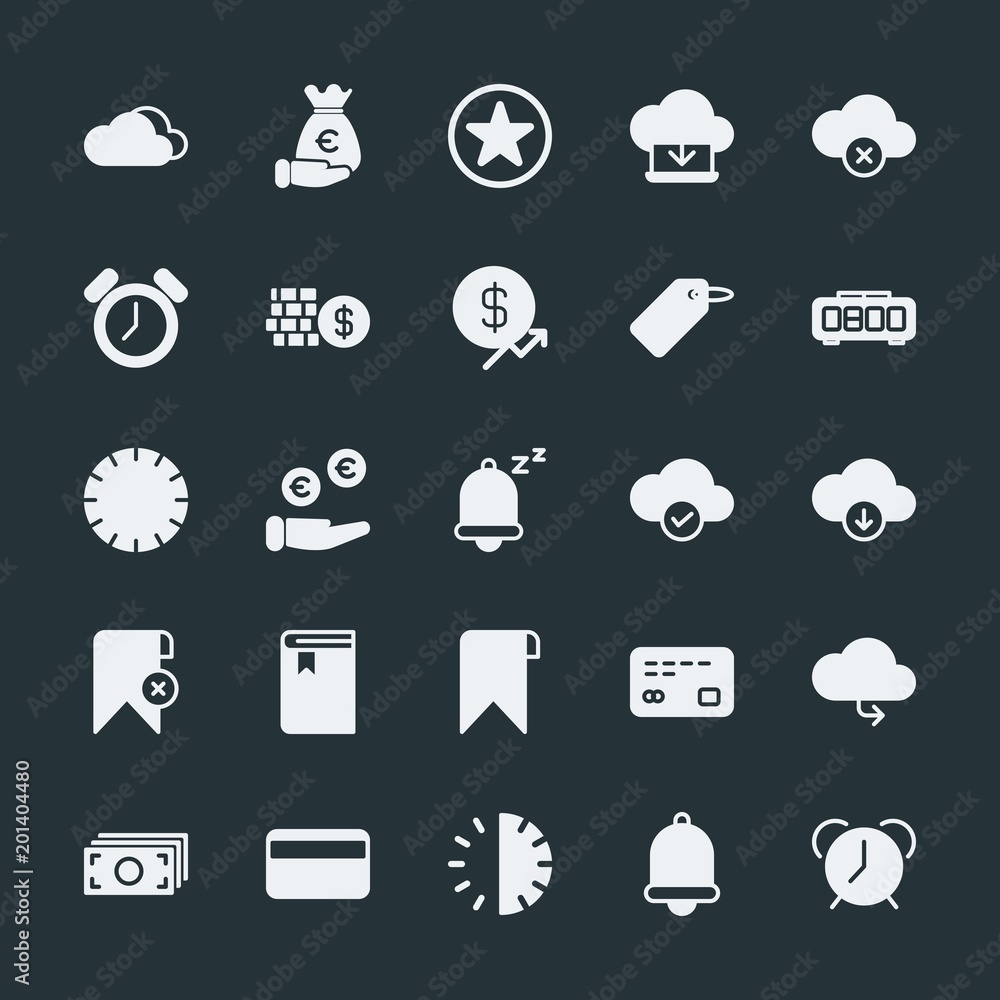 Poster modern simple set of money, cloud and networking, time, bookmarks vector fill icons. ..contains such