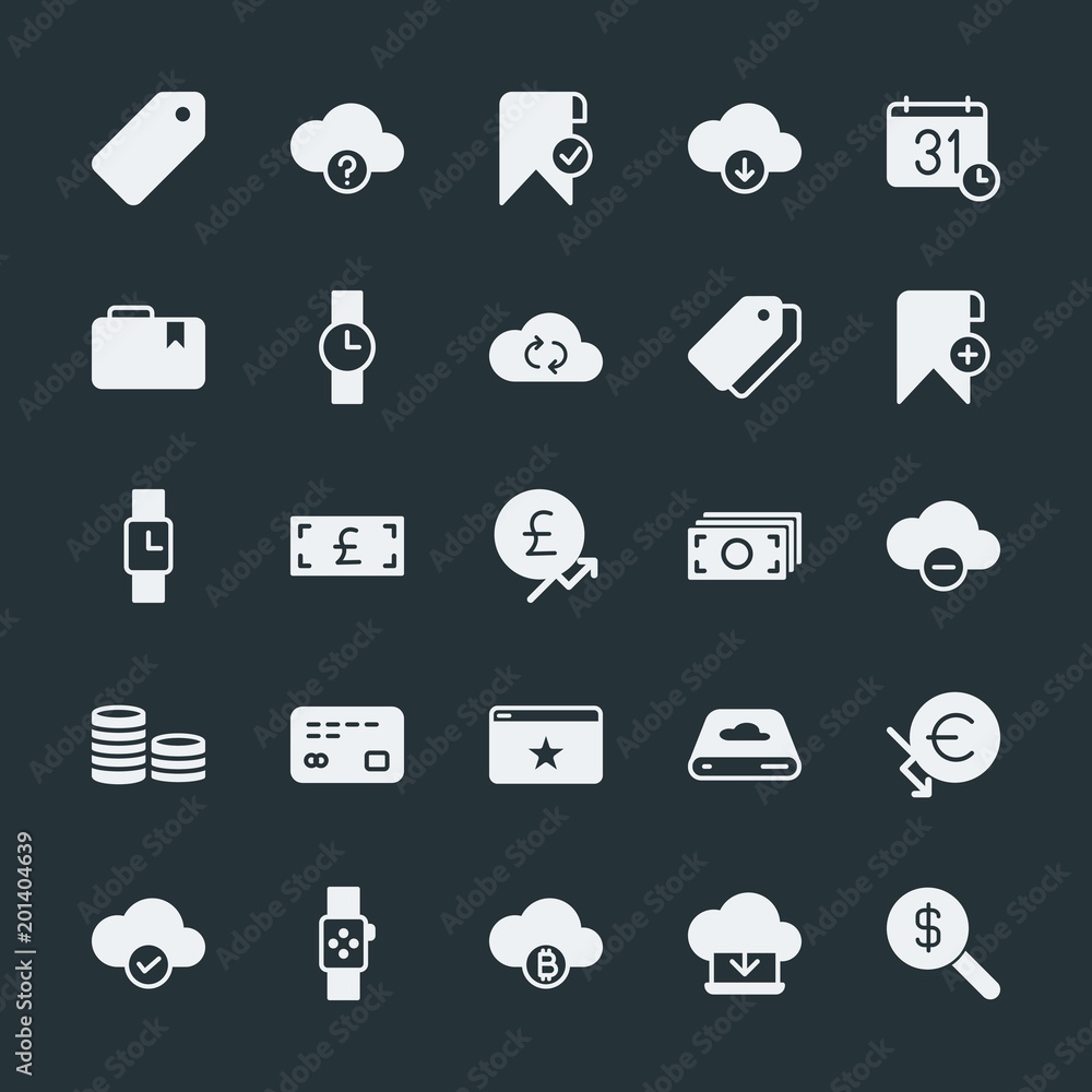 Poster modern simple set of money, cloud and networking, time, bookmarks vector fill icons. ..contains such