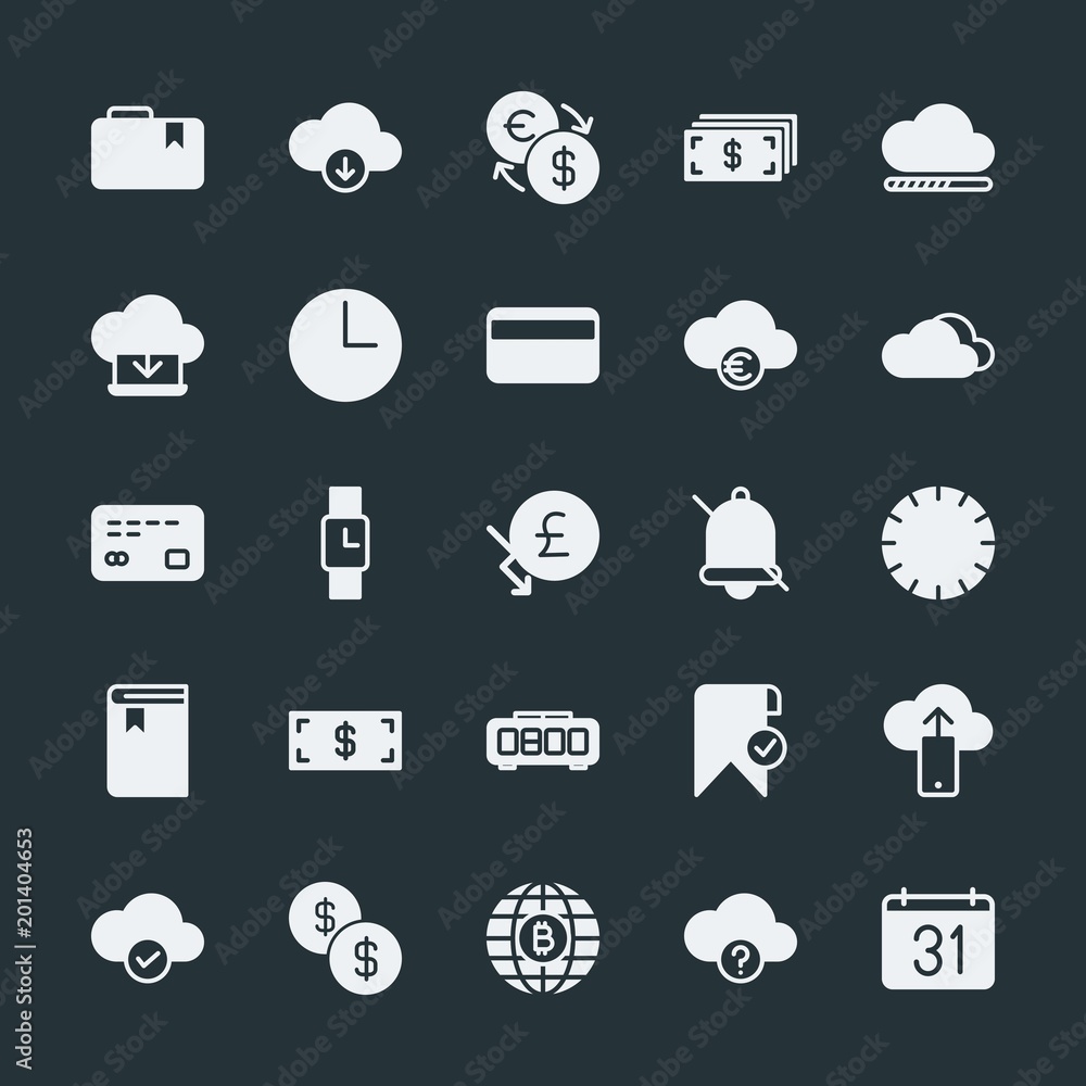 Poster modern simple set of money, cloud and networking, time, bookmarks vector fill icons. ..contains such