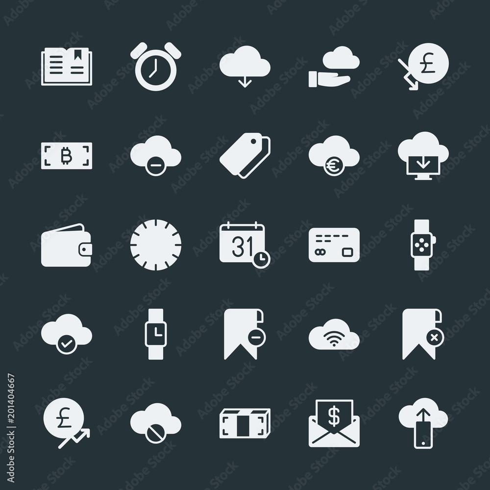 Poster modern simple set of money, cloud and networking, time, bookmarks vector fill icons. ..contains such