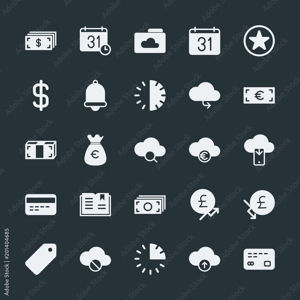 Poster modern simple set of money, cloud and networking, time, bookmarks vector fill icons. ..contains such