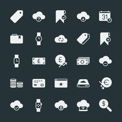 Modern Simple Set of money, cloud and networking, time, bookmarks Vector fill Icons. ..Contains such Icons as  mark,  chart,  pound,  cloud and more on dark background. Fully Editable. Pixel Perfect.