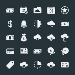 Modern Simple Set of money, cloud and networking, time, bookmarks Vector fill Icons. ..Contains such Icons as  abstract, finance,  internet and more on dark background. Fully Editable. Pixel Perfect.
