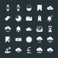 Modern Simple Set of money, cloud and networking, time, bookmarks Vector fill Icons. ..Contains such Icons as  icon, watch,  clock,  phone and more on dark background. Fully Editable. Pixel Perfect.