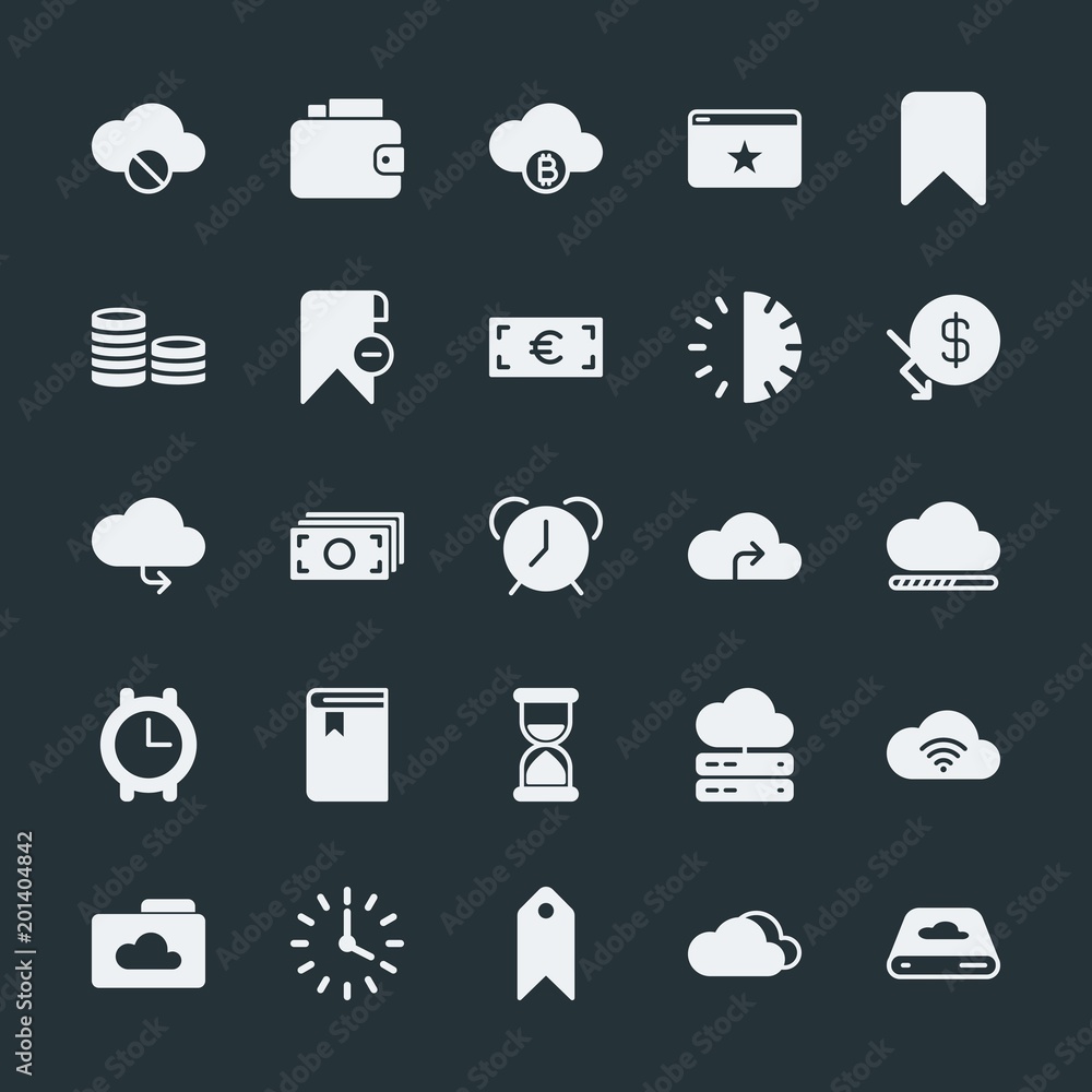 Poster modern simple set of money, cloud and networking, time, bookmarks vector fill icons. ..contains such
